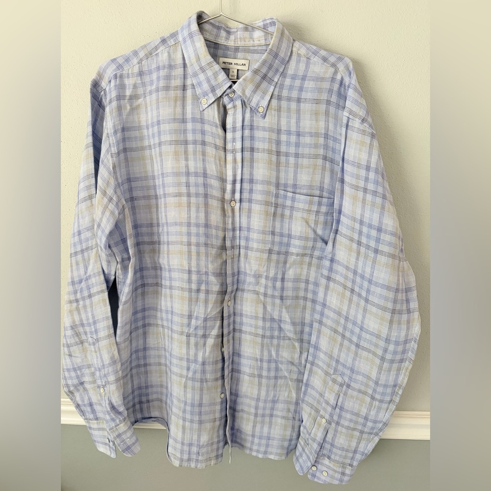 Peter Millar‎ Men's Beachwood Linen Shirt LS Button Size L Blue Plaid